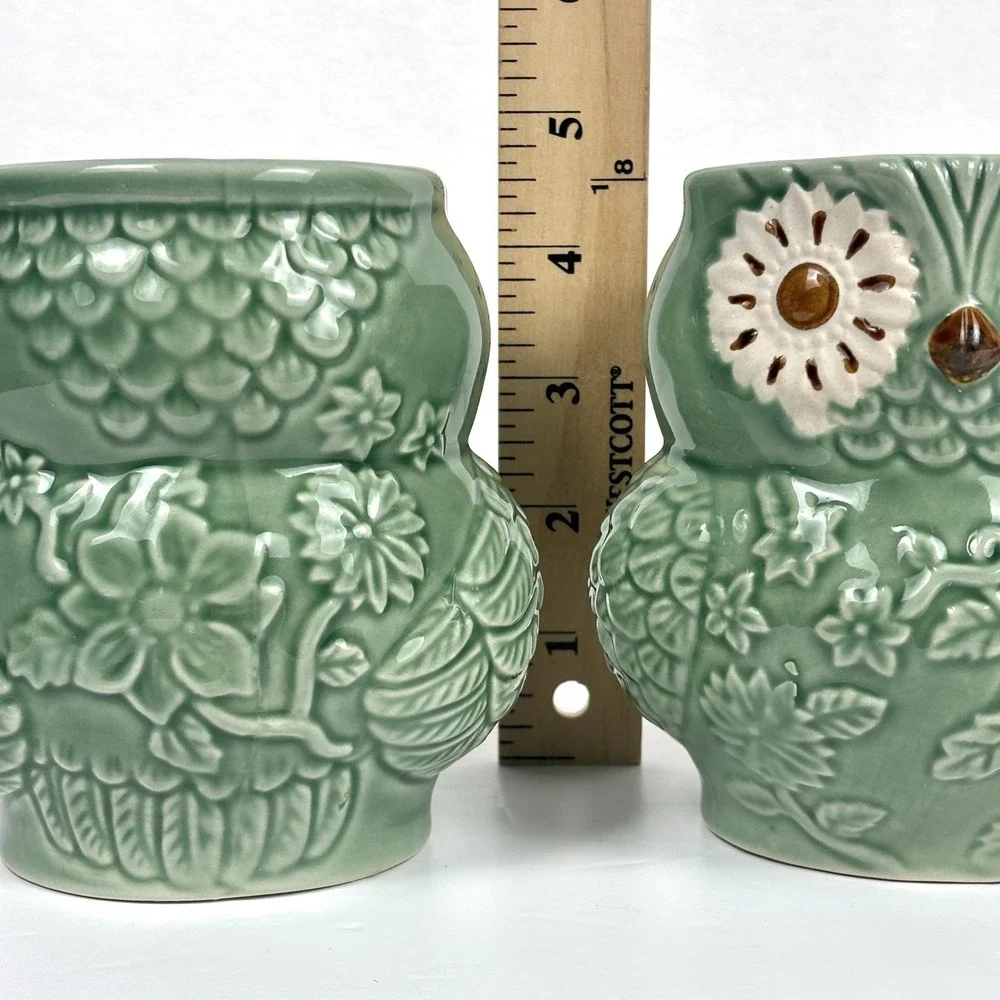 Pier 1 Stoneware Owl Mugs Set of 2 Sage Jade Green Embossed Floral Coffee Cups